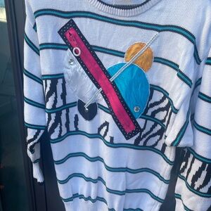 IB Diffusion cotton White and Blue Striped Sweater with Graphic Design